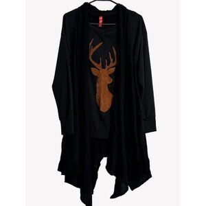 Womens M Black Long Sleeve Deer Print Sweatshirt & Guaze Cardigan Vest Set